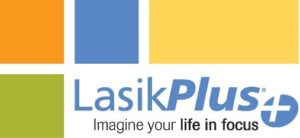 A blue and yellow logo for lasik plus